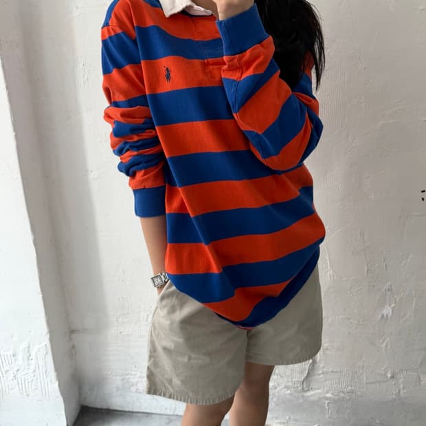Polo 폴로 랄프로렌 오렌지블루 단가라 럭비 셔츠