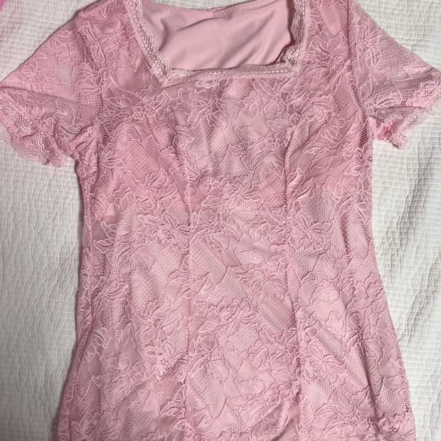 브라데리스 핑크 캐미솔 레이스 시스루 반팔 탑