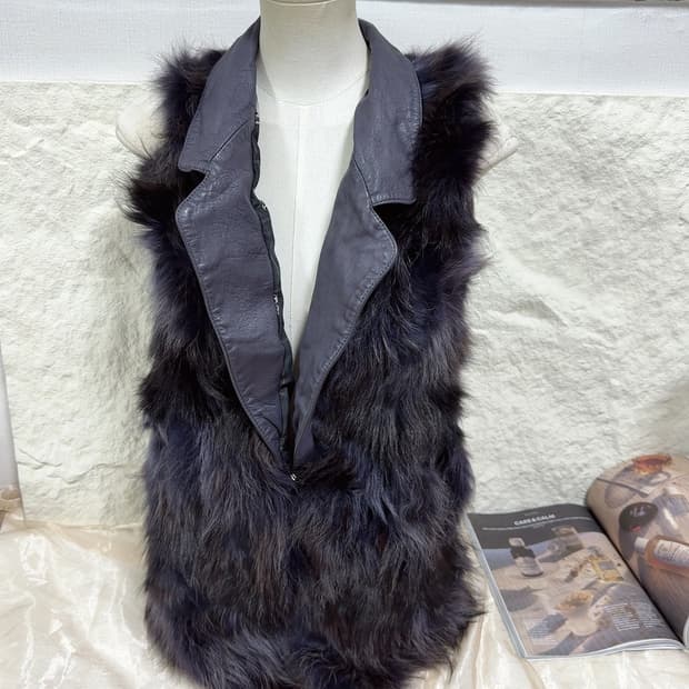 빈티지 스모크  퍼플 라쿤퍼 양가죽 조끼 베스트