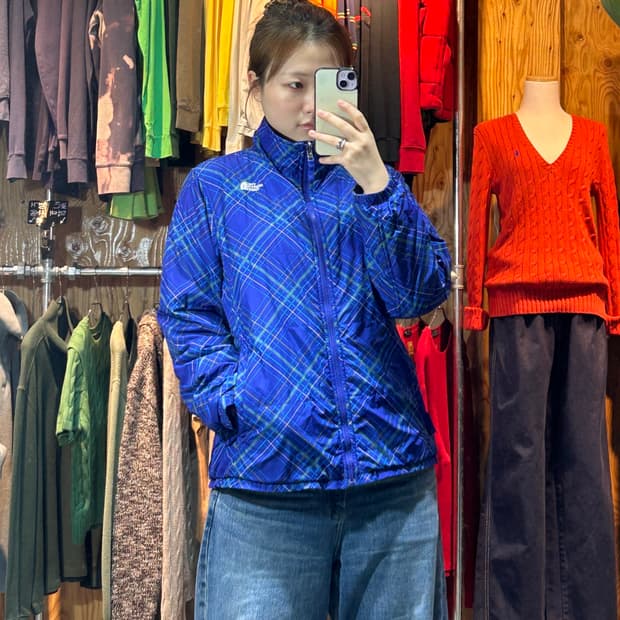 L 노스페이스 화이트라벨 블루 체크패턴 경량 패딩
