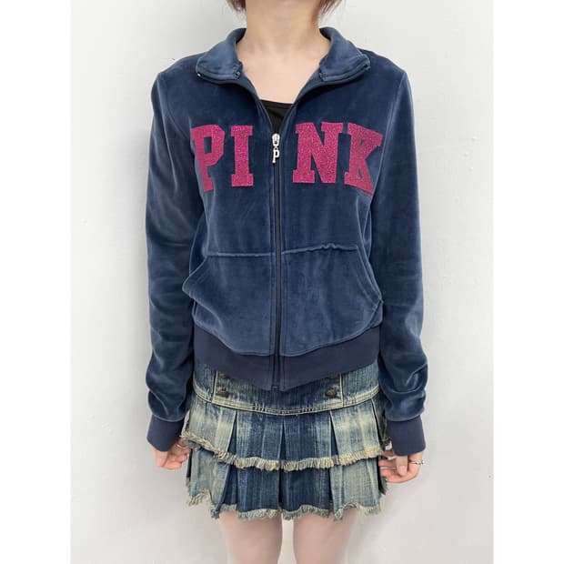 PINK 네이비 벨벳 로고 글리터 집업