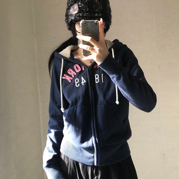 후아유 네이비 퍼후드집업