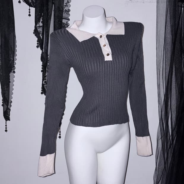 딱붙 긱시크 페미닌 카라 골지 블라우스 