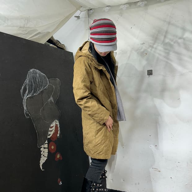 엘엘빈 스웨이드 퀼팅 후드 롱패딩 코트 자켓 S.