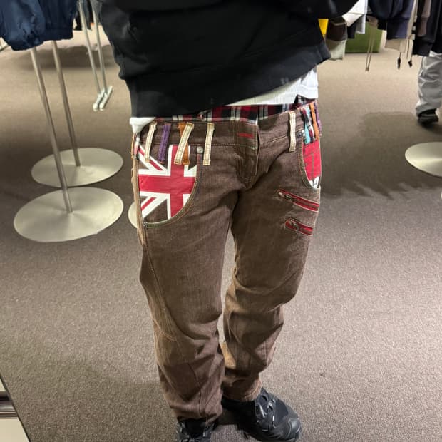 82)Nylaus 빈티지 레이어드 체크패턴 브라운 데님팬츠