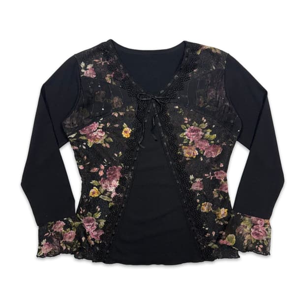빈티지 블랙 시스루 로즈 리본 긴팔 블라우스