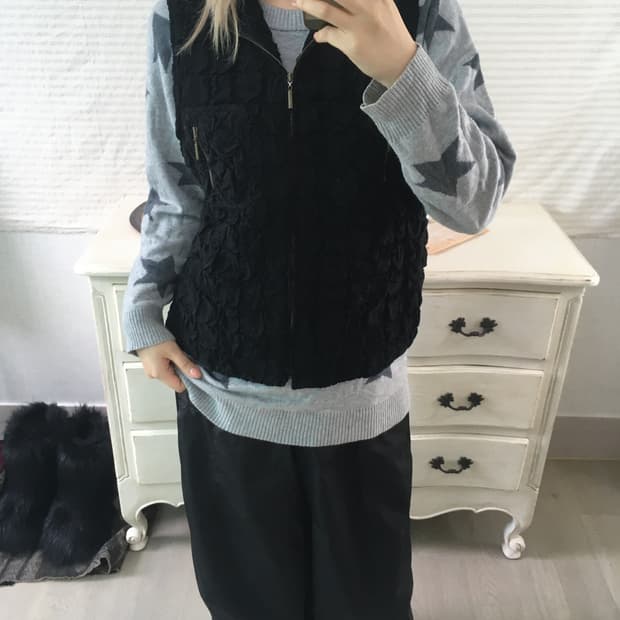 jpn vintage 블랙 플리츠 와플 베스트 