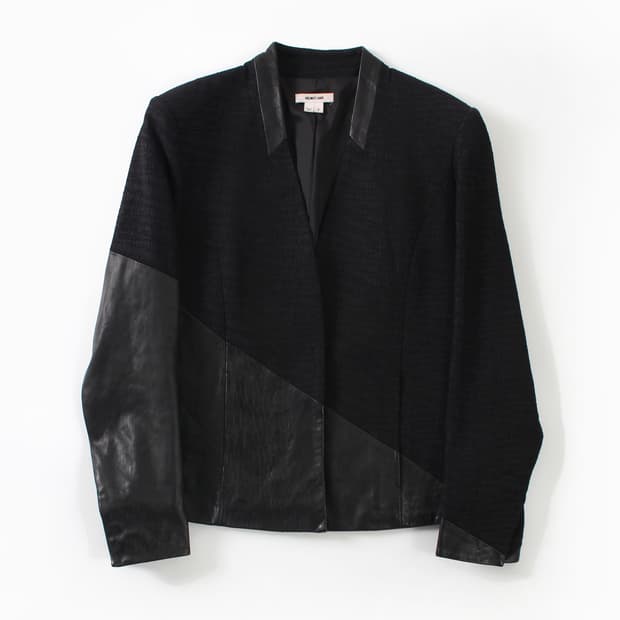 헬무트랭 Helmut lang 양가죽 배색 사선 비대칭 노카라 자켓 블레