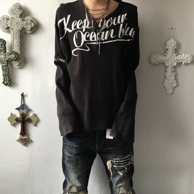 Lettering printing Henry neck waffle sle