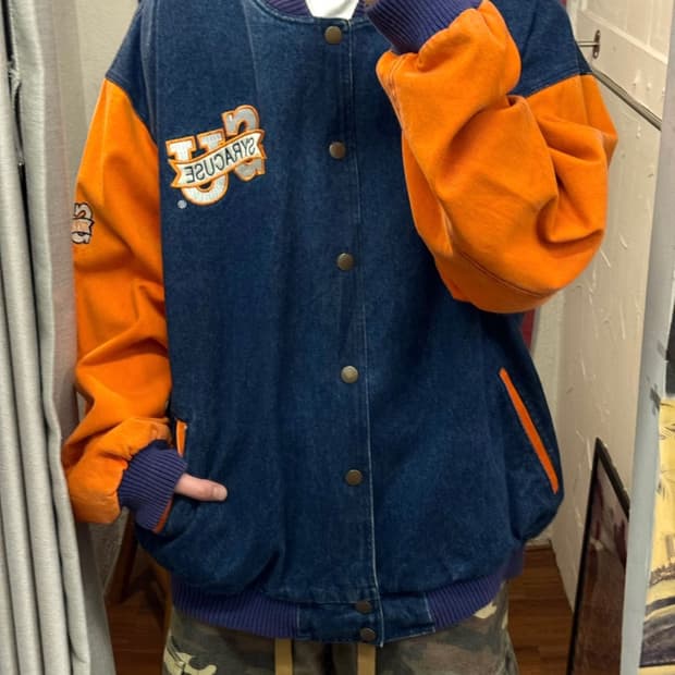 USA VTG 90s 빈티지 데님 바시티 오렌지 배색 워크 자켓