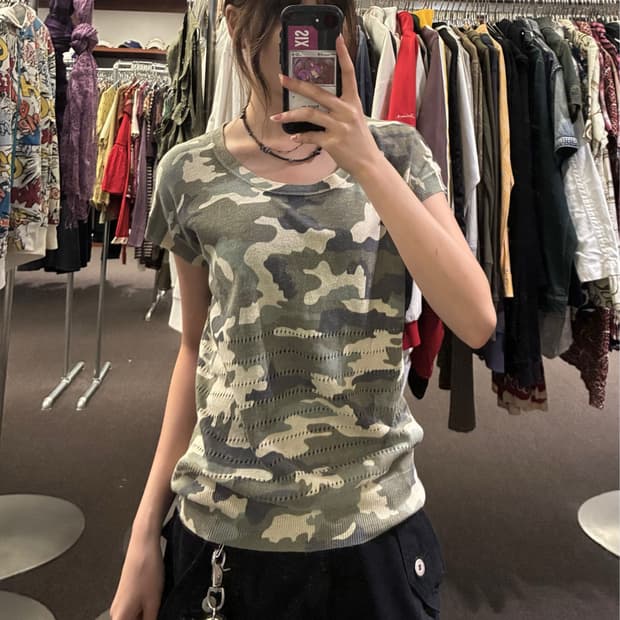 M) Japanese vintage 여성 펀칭 디테일 카모 반팔 니트