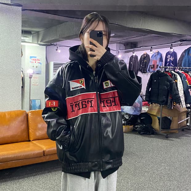 페라리 배색 레더 레이싱 자켓 B3252