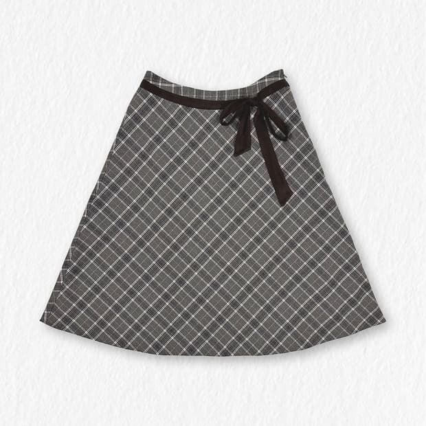 빈티지 체크 리본 미디 스커트