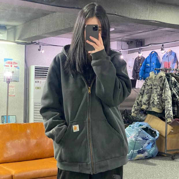 칼하트 써멀 블랙 박시 후드 집업 B3494