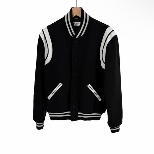 [52] 생로랑 남성 울 레더 클래식 테디 바시티 봄버 자켓 블랙 화이트