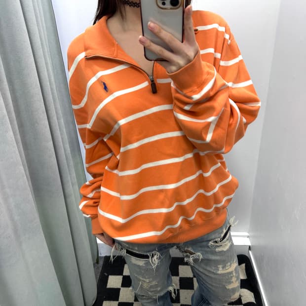 폴로 오렌지 스트라이프 반집업 니트