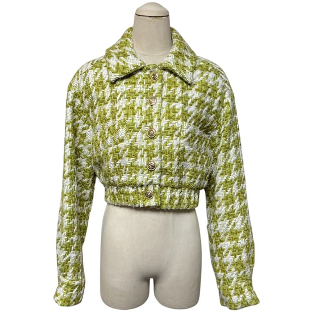 3663 그린 하운드체크 누빔 크롭 트위드 봄버자켓