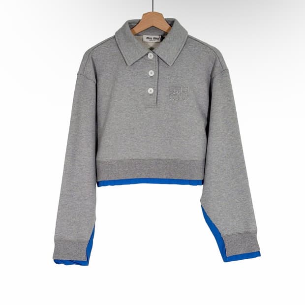 [S] 미우미우 포플린 셔츠 레이어드 카라 맨투맨 스웻 티셔츠 그레이