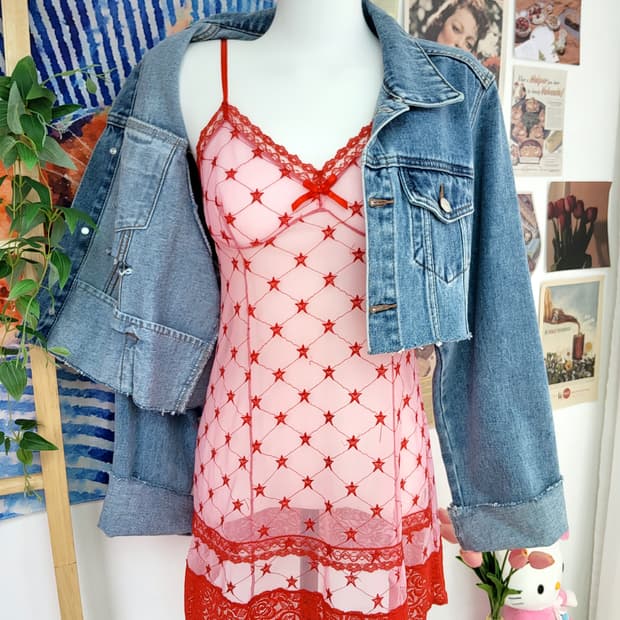 러블리 스타 레드 슬립 빈티지 레이어드