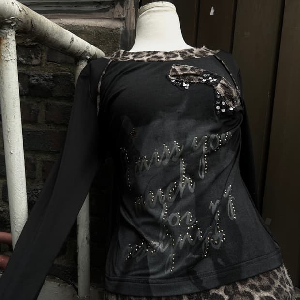 2000s vtg Y2K 호피 걸 프린팅 블랙 롱슬리브