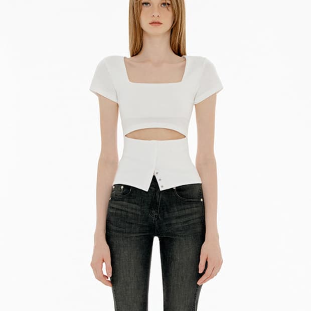 Yuse -SQUARE NECK CUT OUT SNAP TOP - WHI