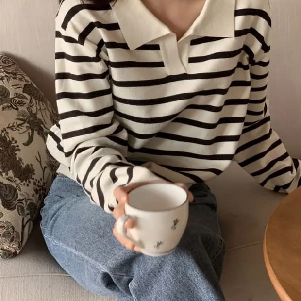 (미착용) 98도씨 멜로우 스트라이프 카라 니트 봄 가을옷