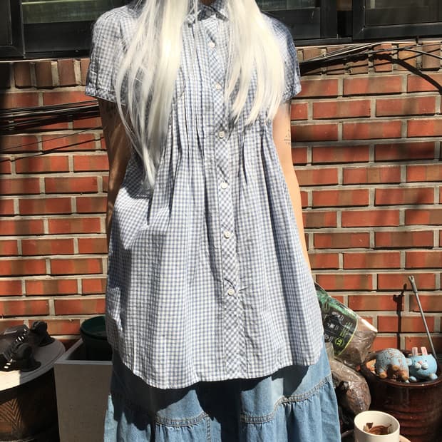 블루 깅엄 체크 셔츠 & 데님 롱 스커트 세트