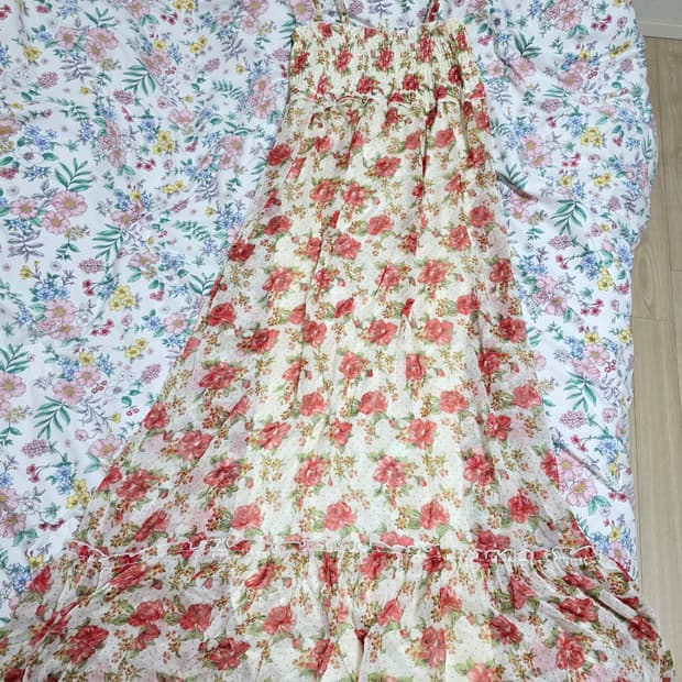 일본빈티지)플로럴 장미 도트 스즈코모리걸히메갸루 쉬폰 밴딩스모크 롱원피스