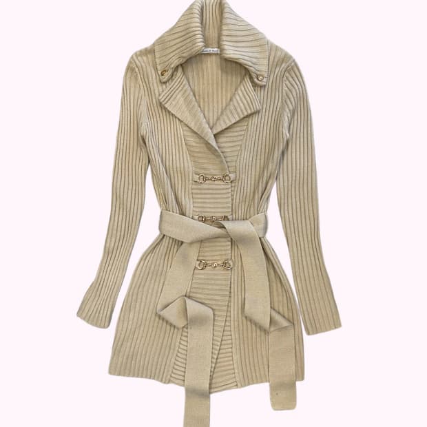 beige ribbed belted knit cardigan