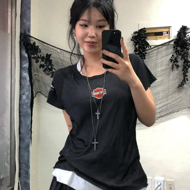 할리데이비슨 블랙 화이트 레이어드 매쉬 반팔 탑