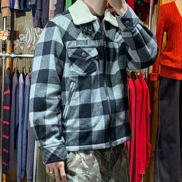 L 리바이스 버튼카라 원포켓 체크 쉐르파 울 자켓