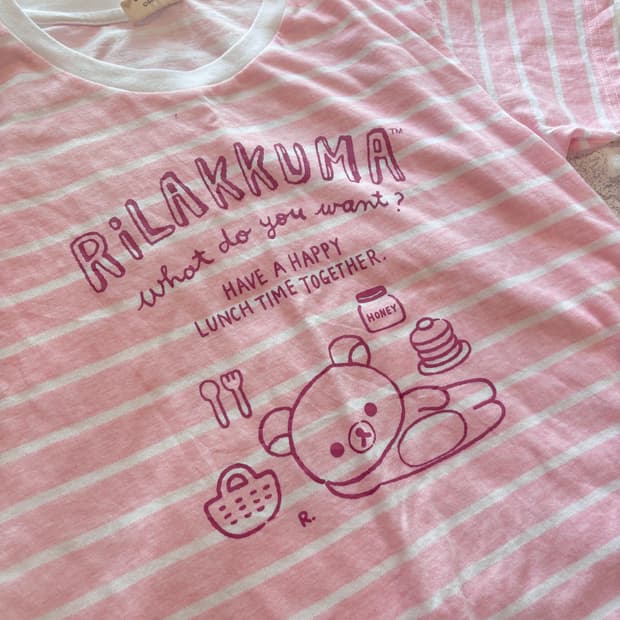 리락쿠마 핑크 딸기우유 스트라이프 반팔티 모리걸