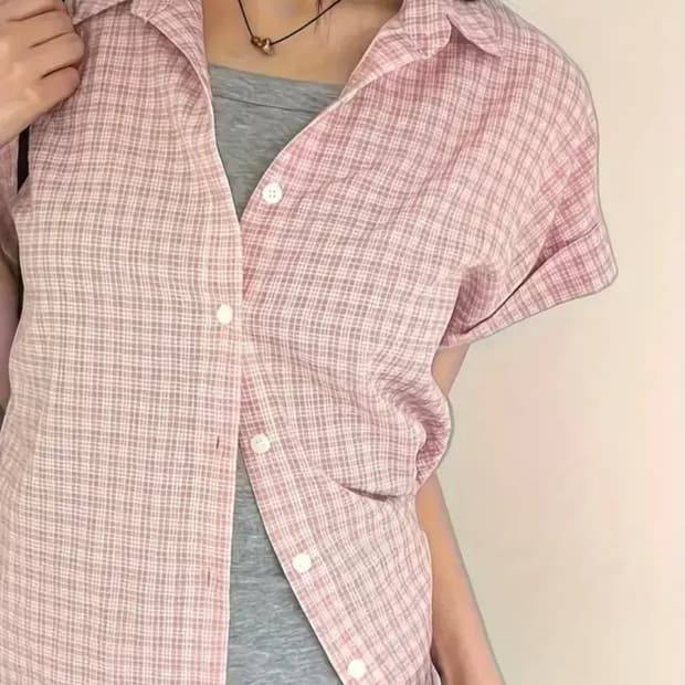 핑크 체크 반팔 셔츠 블라우스