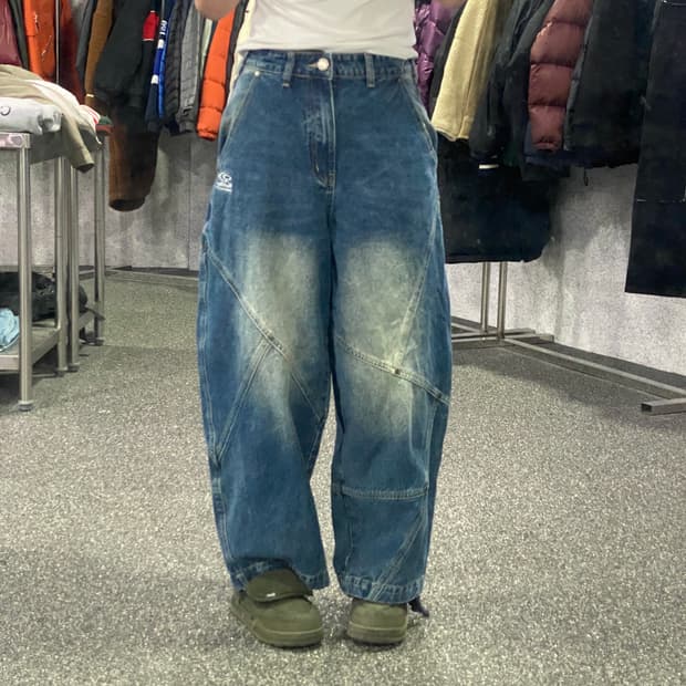 트래블 밀 데님 리벳 워싱 데님 벌룬 팬츠 B3565