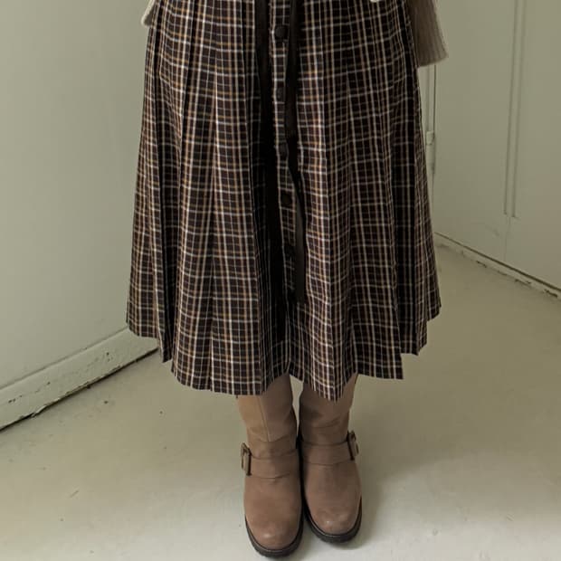 일본빈티지 브라운 체크 울 플리츠 스커트