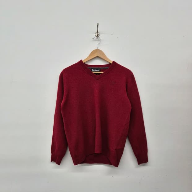 바버 V넥 니트 스웨터 버건디 남녀공용 L