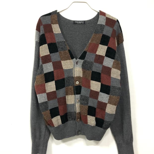 YSL 입생로랑 여성 체커블록 울 브이넥 가디건 _ 차콜