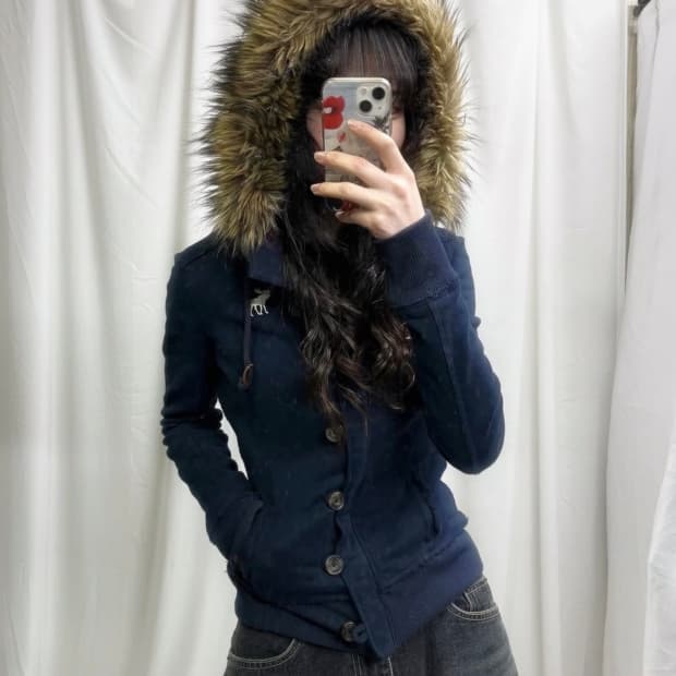 리본빈티지 아베크롬비 네이비 퍼 후드집업