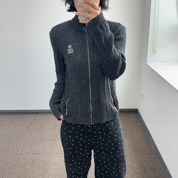 Polo 폴로 차콜 케이블 니트 집업 