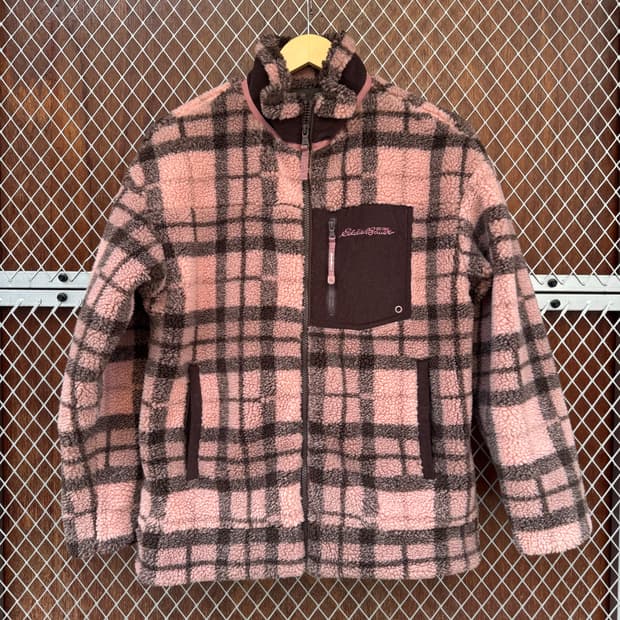에디바우어 체크 헤비 핑크 플리스 뽀글이 후리스 자켓 M