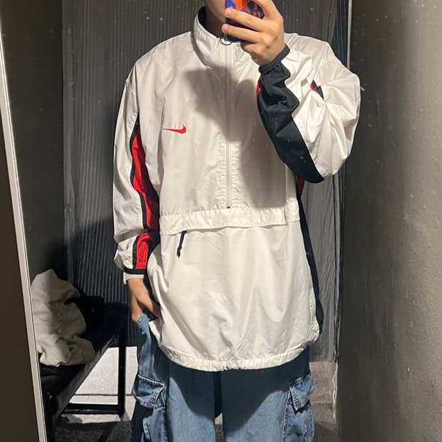 나이키 90s 화이트 레드 스우시 캥거루포켓 하프집업 반집업 풀오버