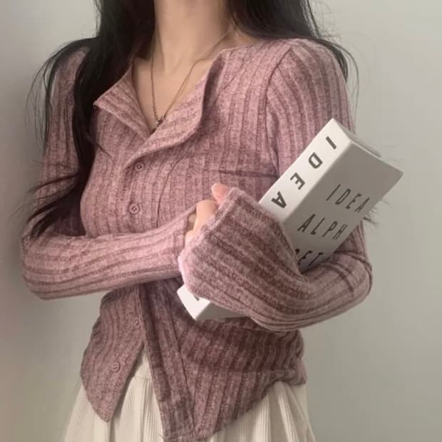 (새상품) 보들 여리 셔링 골지 카라 단추 긴팔니트 가디건 핑크 FREE