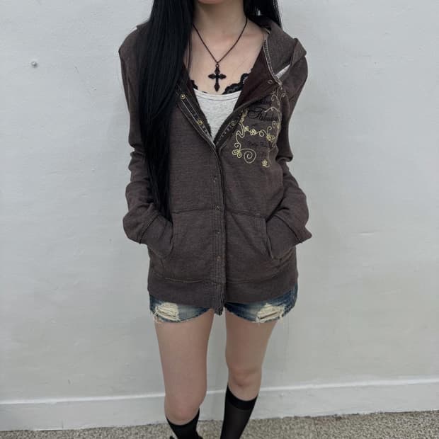 brown y2k emboridery snap hoodie