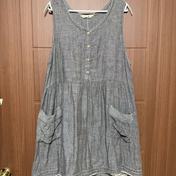 모리걸 하구미 일본 빈티지 깅엄체크 포켓 단추 나시 민소매 원피스