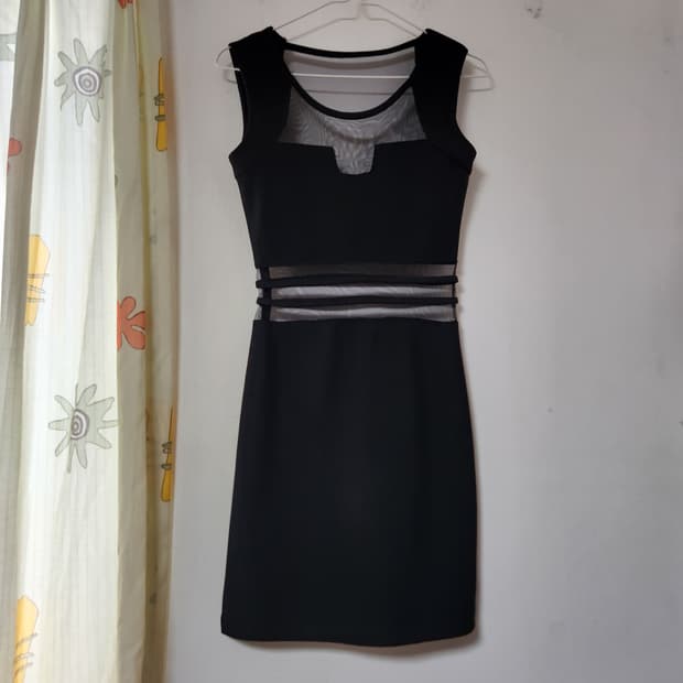 블랙 시스루 배색 미니 원피스 XS