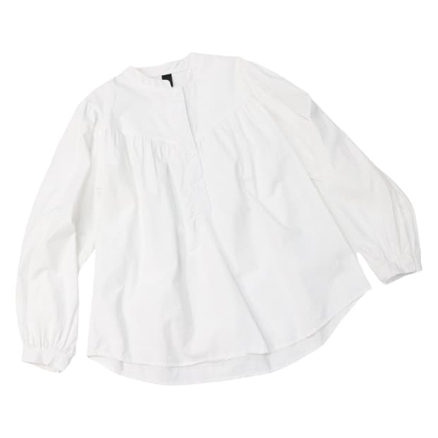 코튼 100% 핀턱 셔링 화이트 밴드 칼라 블라우스