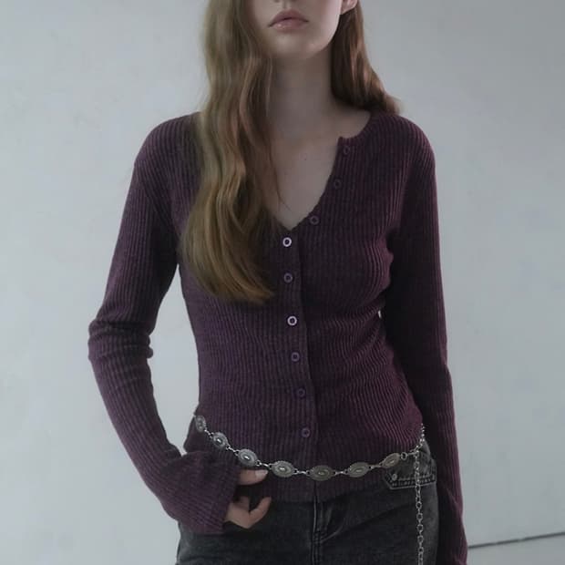 어반드레스 골지 니트 브이넥 가디건 니트 퍼플 M