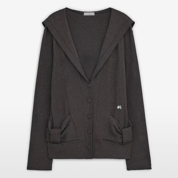 허그유어스킨 후드 리본 가디건 차콜