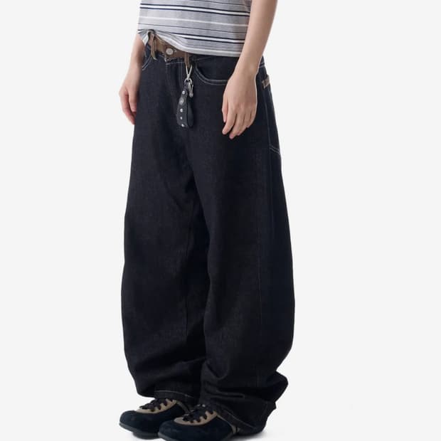 아캄 Waist Contrast Denim Pants (Black)