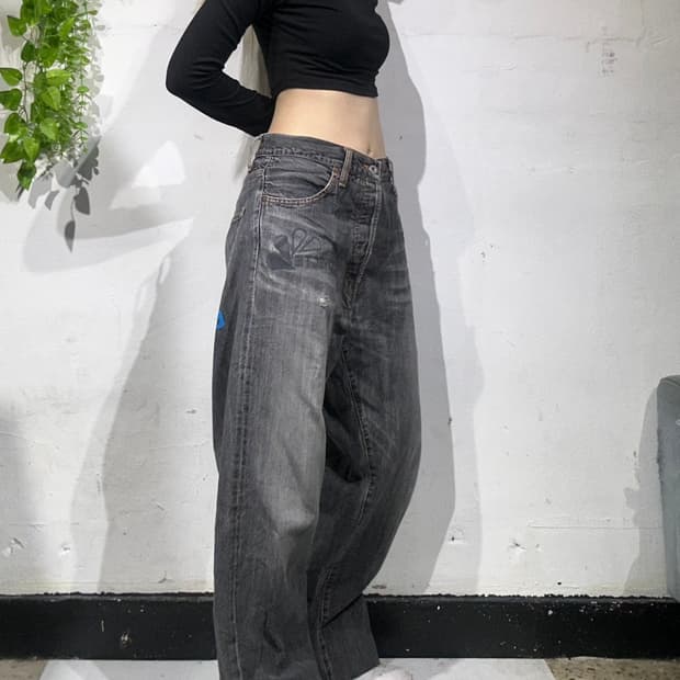 일본 빈티지 흑청 캣 워싱 와이드 프린팅 데님 청바지 